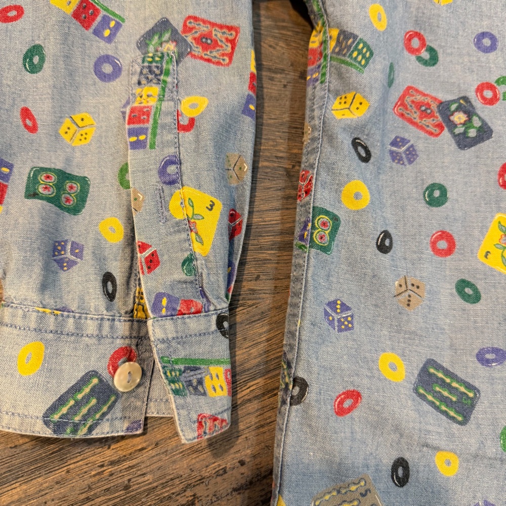 Vintage 90s Lizwear Chambray Shirt – Dice, Domino & Game Print – Size L - Picture 4 of 13